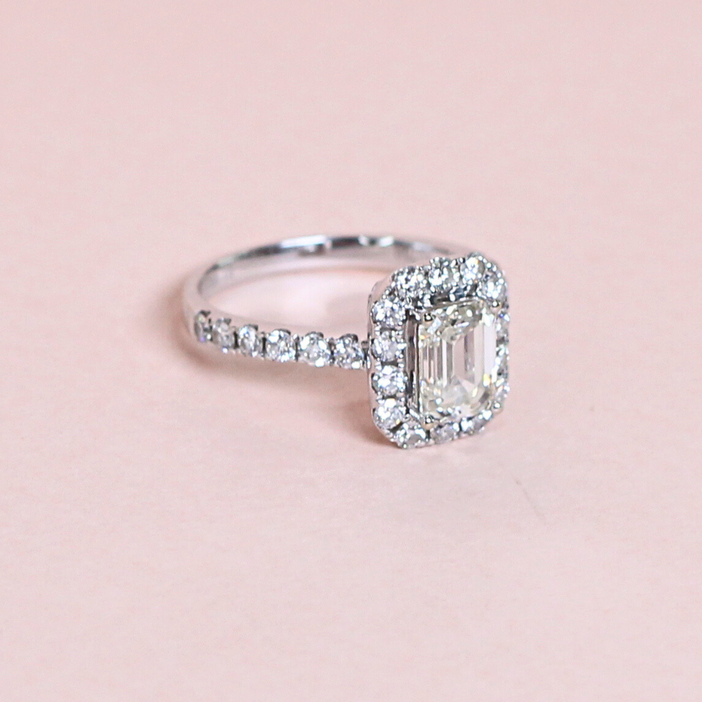 1.35cts Emerald cut Pavé with Halo ring