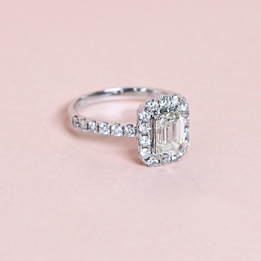 1.35cts Emerald cut Pavé with Halo ring