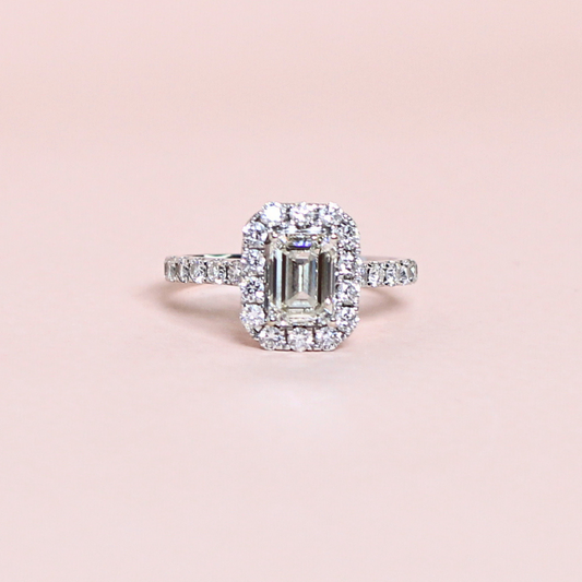 1.35cts Emerald cut Pavé with Halo ring