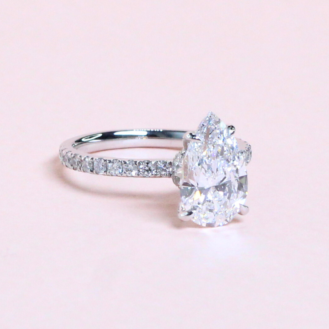 2.40cts Pear cut Lab-grown Platinum Pavé ring with hidden Halo