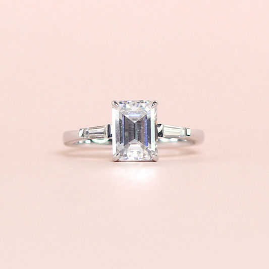 2.15cts Emerald cut Trilogy Moissanite Ring