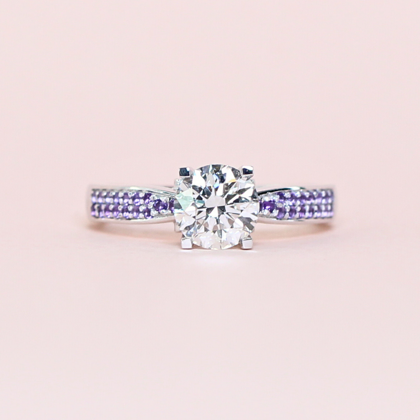 1.23ct Lab-grown Diamond ring with Amethyst stones in Pave setting