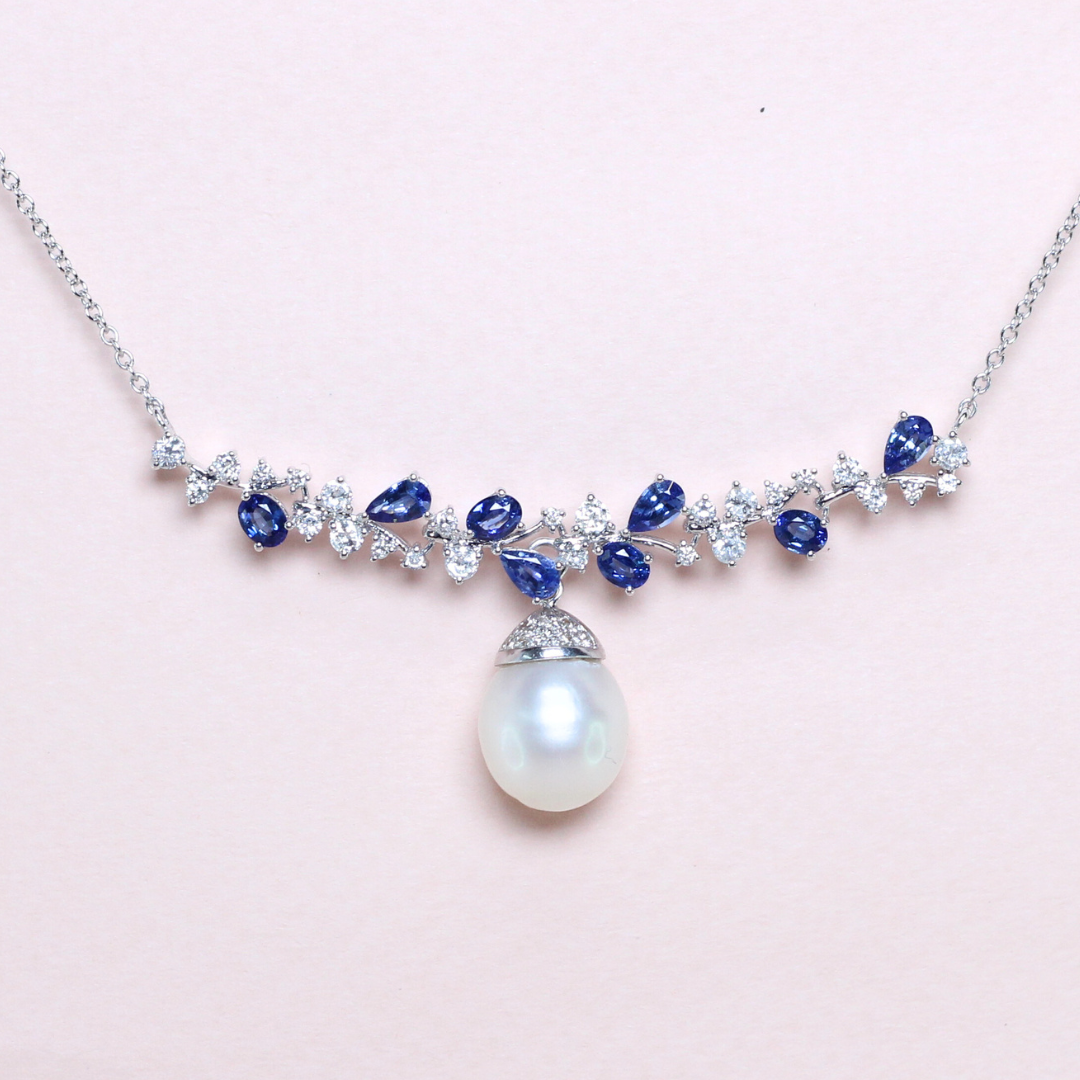 Three-way Sapphire and Diamond cluster necklace