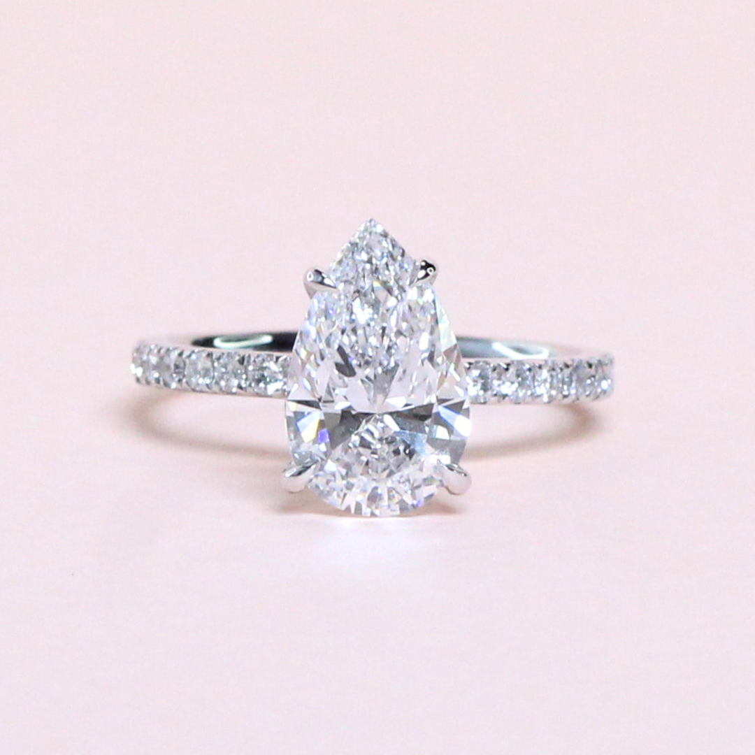 2ct Pear Brilliant lab-grown diamond platinum ring with hidden halo