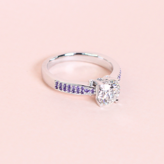 1.23ct Lab-grown Diamond ring with Amethyst stones in Pave setting