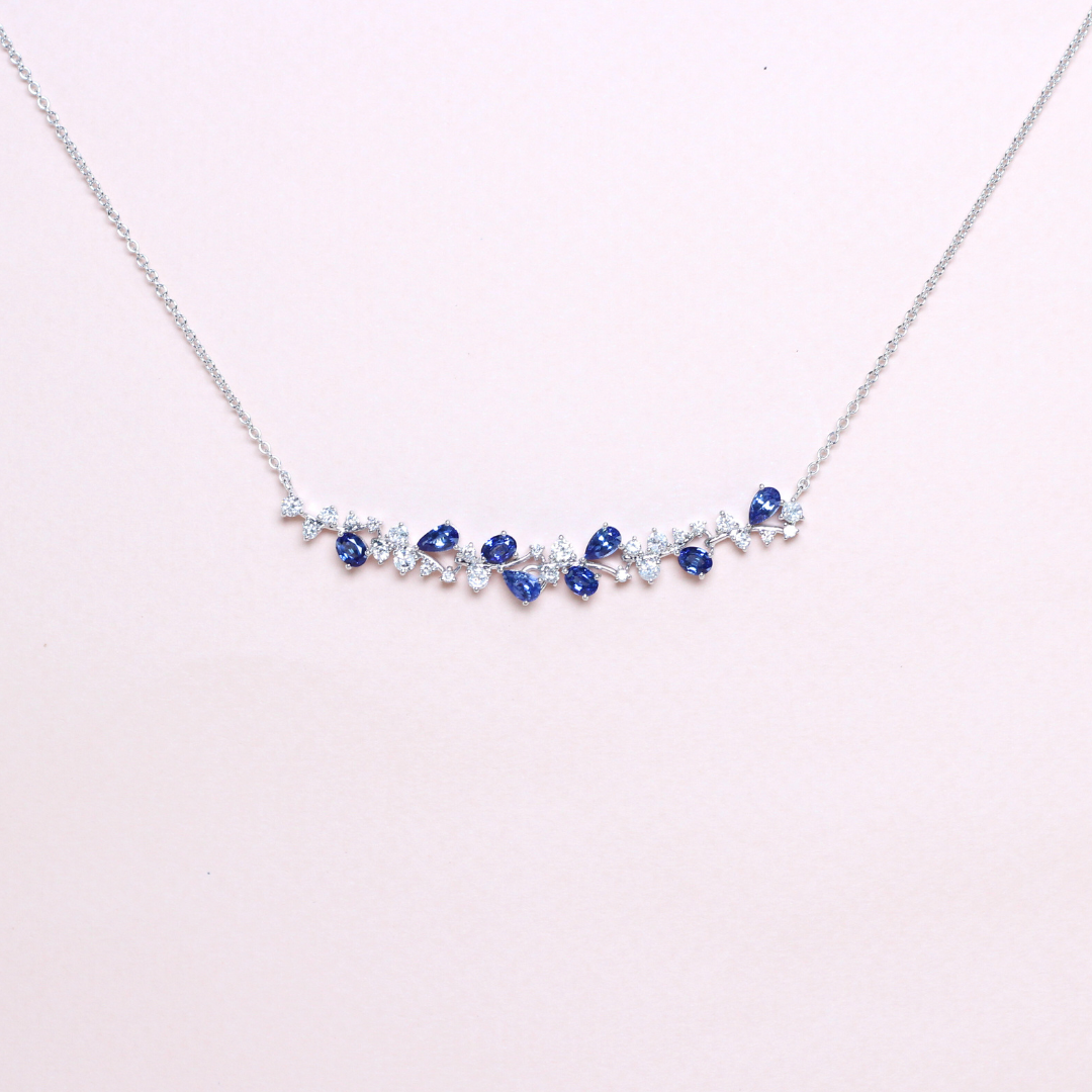 Three-way Sapphire and diamond cluster necklace