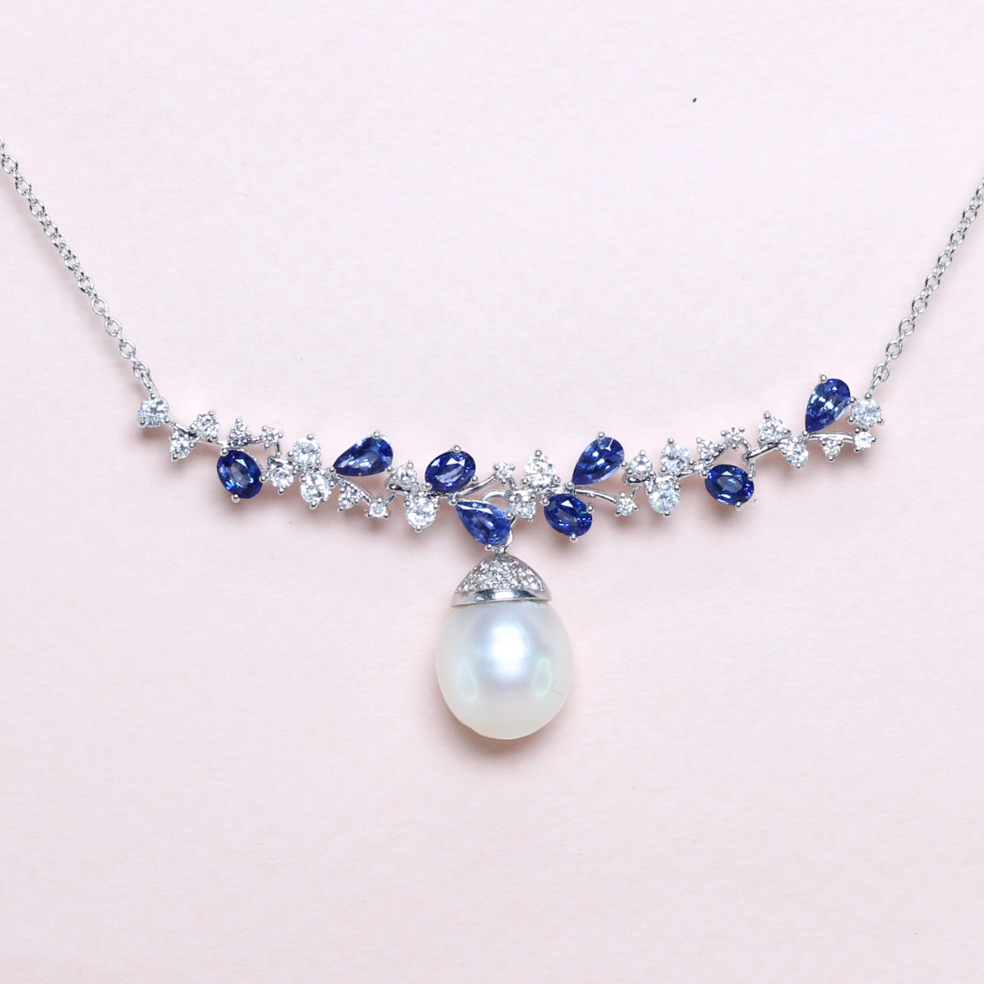 Three-way Sapphire and diamond cluster necklace