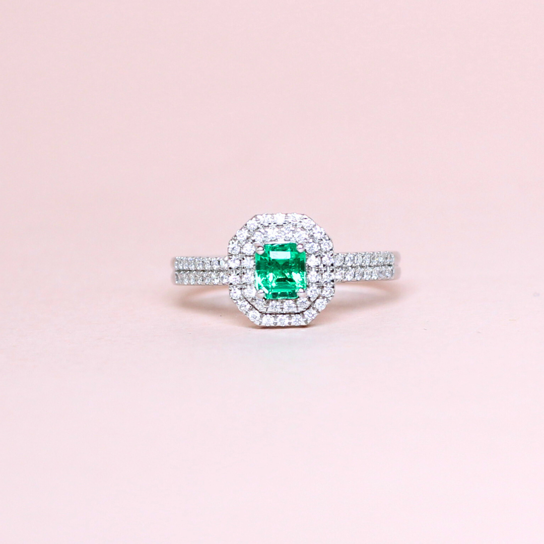 .39ct Colombian Emerald ring with double halo