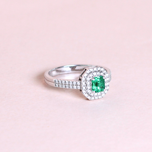 .39ct Colombian Emerald ring with double halo