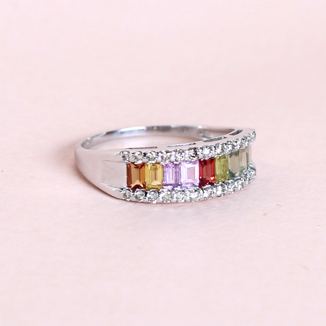 Multicolored Baguette sapphire ring